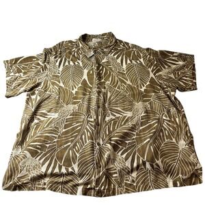 Caribbean 4X Button Down Silk Shirt Tropical Palm Leaf Parrot Print Olive Green